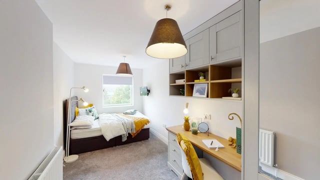 Bed desk and shelving unit bedroom at Picton Manor in Newcastle Upon Tyne Student Accommodation