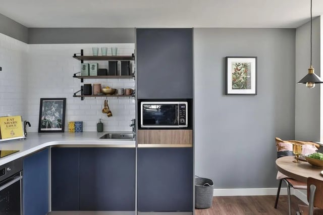 Counter with sink microwave and cabinets Kitchen at St Mary's in Bristol Student Accommodation
