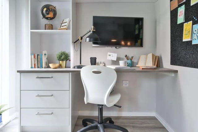 Desk with chair TV books and globe study area at William & Matthew House in Bristol Student Accommodation