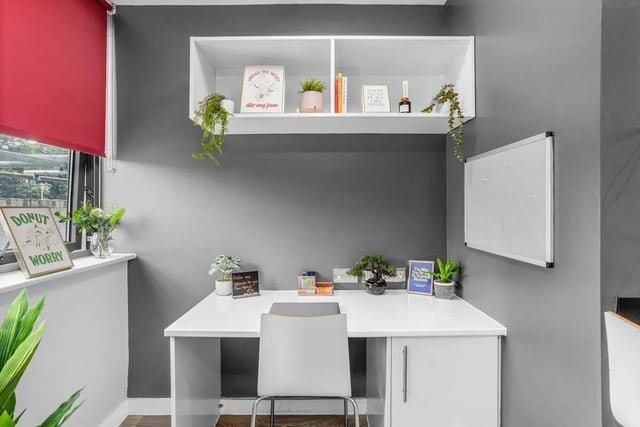 Desk chair plants shelf whiteboard study area at Northgate House in Derby Student Accommodation