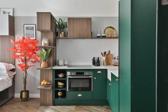 Green kitchen with oven sink and decor kitchen at South Bridge in Edinburgh Student Accommodation