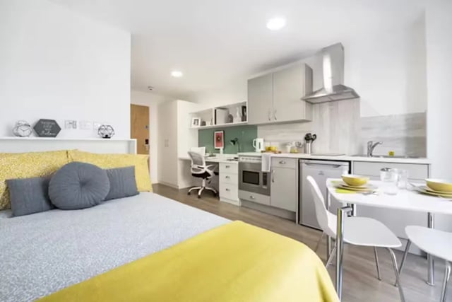 Bed desk kitchen and dining area studio at Pittodrie Street in Aberdeen Student Accommodation