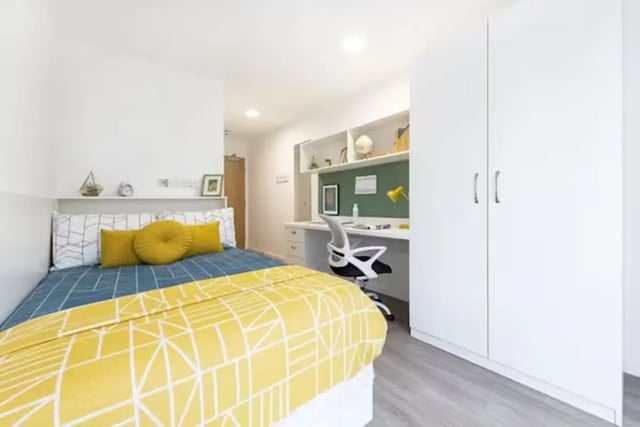 Bed desk and wardrobe modern bedroom at Pittodrie Street in Aberdeen Student Accommodation