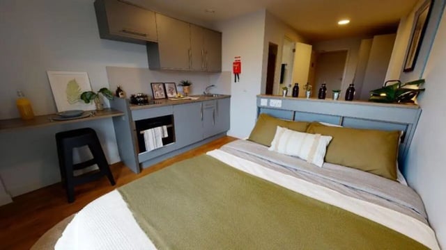 Bed kitchen and desk area living room at iQ Collingwood in Newcastle Upon Tyne Student Accommodation