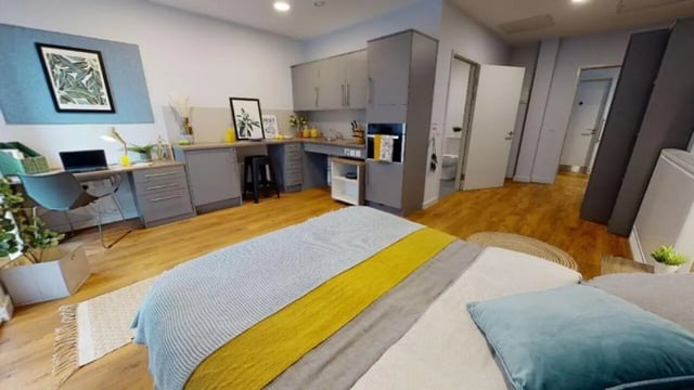 Bed desk kitchen and bathroom studio apartment at iQ Collingwood in Newcastle Upon Tyne Student Accommodation