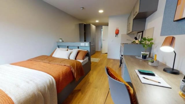 Bed desk kitchen area and wardrobe studio at iQ Collingwood in Newcastle Upon Tyne Student Accommodation