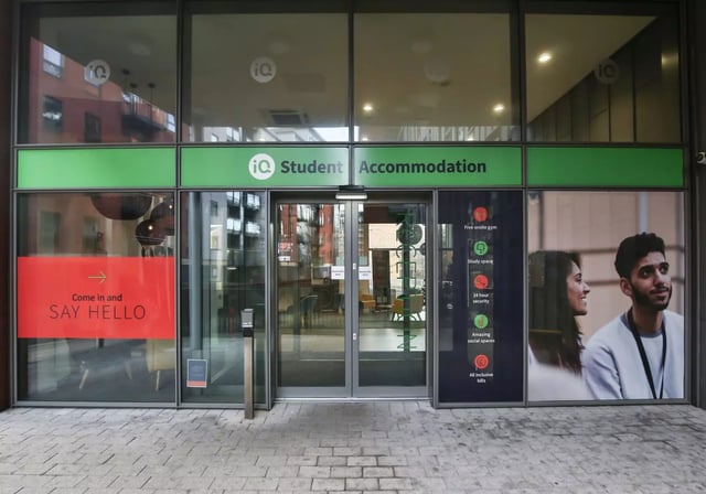 IQ Student Accommodation entrance with promotional graphics exterior at iQ Century Square in Sheffield Student Accommodation