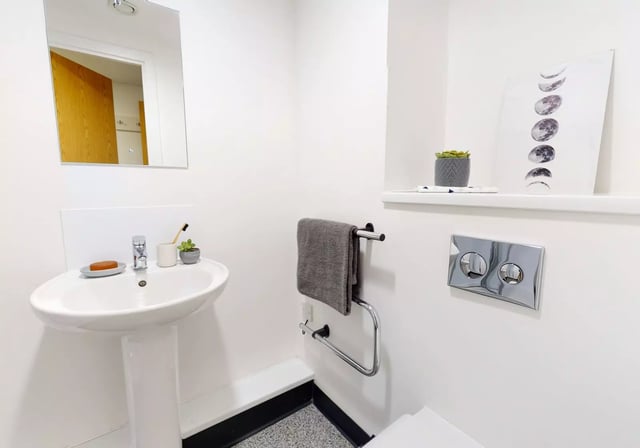 Sink soap toothbrush plant art towel toilet flush Bathroom at iQ Century Square in Sheffield Student Accommodation