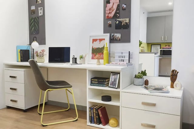 Desk chair laptop books storage study area at Staniforth House in Birmingham Student Accommodation