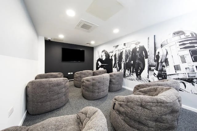 Beanbags and TV wall art Cinema room at Staniforth House in Birmingham Student Accommodation