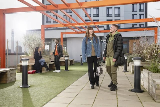 People walking on rooftop patio with urban view at Staniforth House in Birmingham Student Accommodation