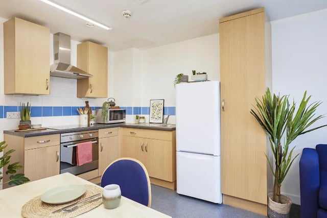 Modern kitchen with oven microwave fridge cabinets kitchen at Harriet Martineau in Birmingham Student Accommodation