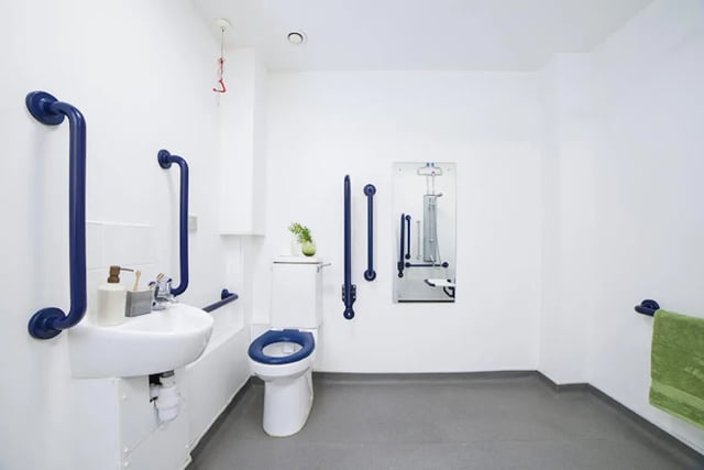 Sink toilet grab bars mirror with shower controls bathroom at Harriet Martineau in Birmingham Student Accommodation