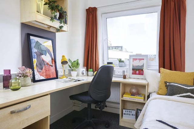 Desk chair artwork plants and bed bedroom at Harriet Martineau in Birmingham Student Accommodation