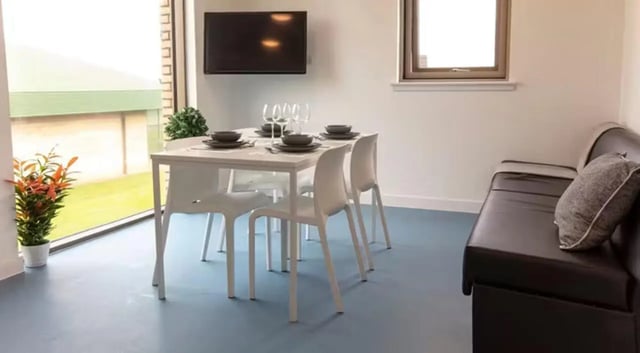 Table chairs sofa TV and plant living room at East Shore in St Andrews Student Accommodation