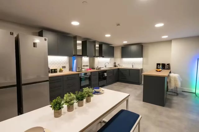 Refrigerators cabinets oven counter plants table kitchen at The Vantage in Nottingham Student Accommodation