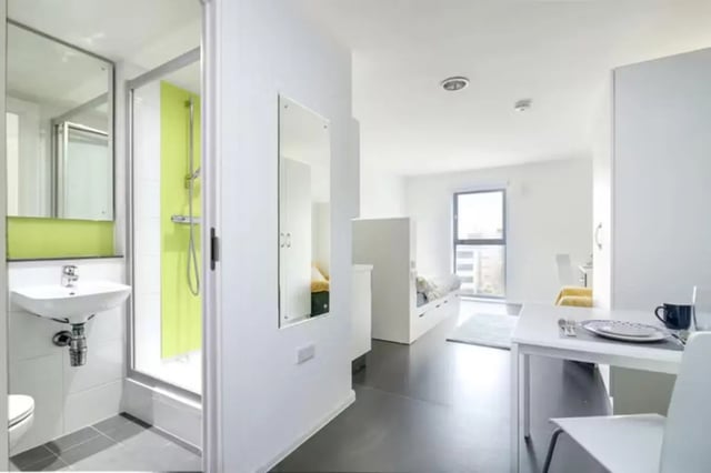 Modern student room with shower sink and bed at Lucas Studios in Birmingham Student Accommodation