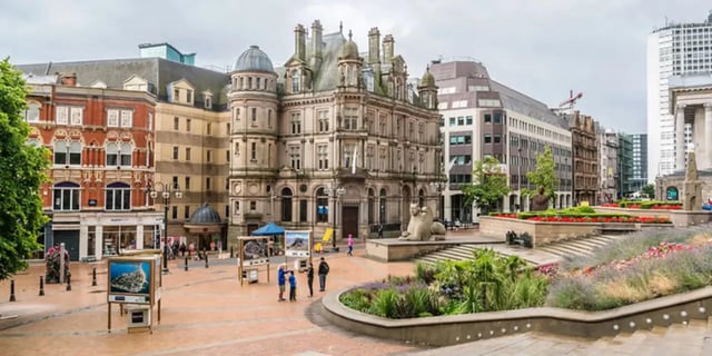 City square with ornate buildings and sculptures exterior at The Old Fire Station - Birmingham in Birmingham Student Accommodation