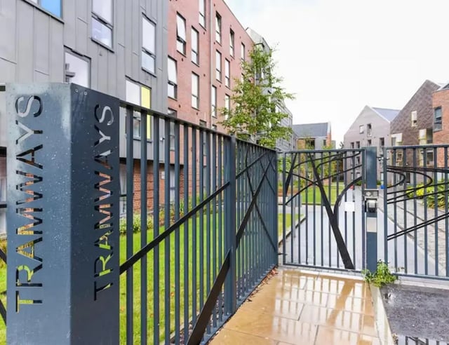 Tramways sign metal fence student housing exterior at Tramways in Chester Student Accommodation