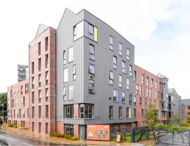 Modern student accommodation building with brick exterior exterior at Tramways in Chester Student Accommodation