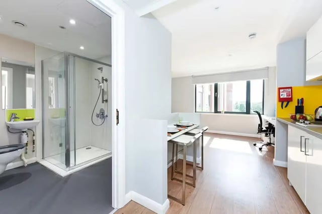 Shower sink table desk kitchen living room at Merchant Studios in Glasgow Student Accommodation