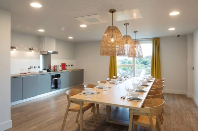 Dining table set with chairs kitchen area at West Way Square in Oxford Student Accommodation