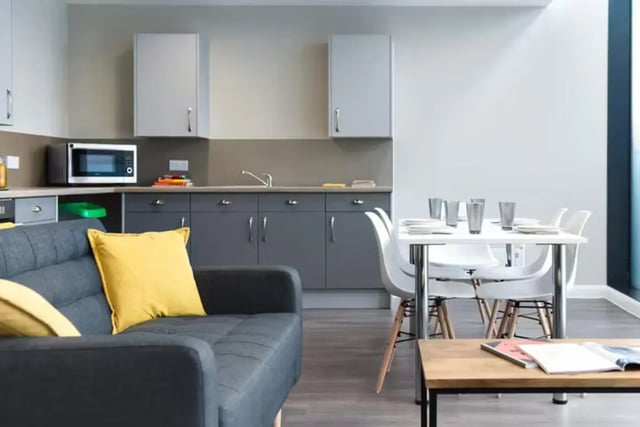 Sofa microwave dining table kitchen living area at St Davids in Swansea Student Accommodation