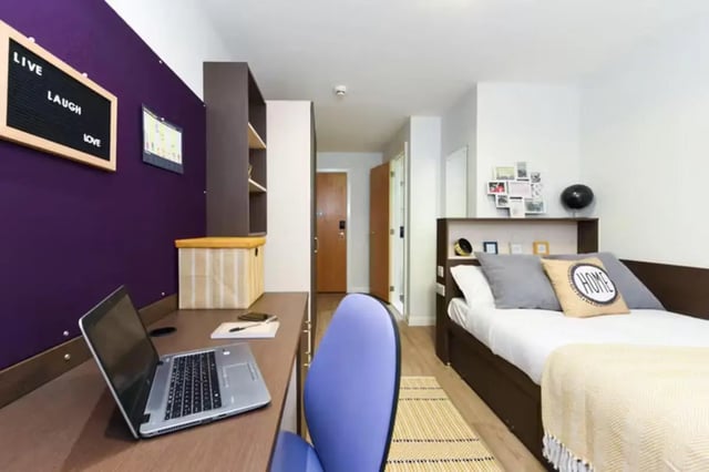 Laptop desk bed storage shelves photos bedroom at St Davids in Swansea Student Accommodation
