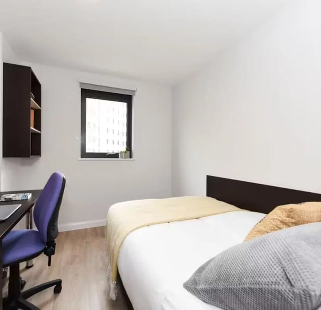 Desk chair bed shelves window bedroom at St Davids in Swansea Student Accommodation