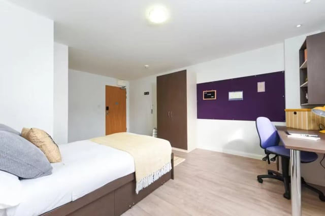 Bed desk wardrobe corkboard bedroom at St Davids in Swansea Student Accommodation