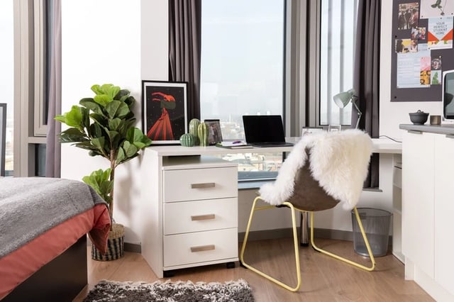 Desk with laptop plants and furry chair study area at Horizon Heights in Liverpool Student Accommodation