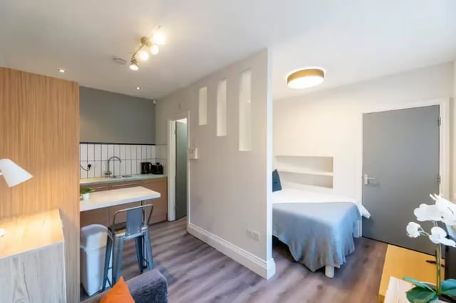 Kitchenette bed and desk area studio at 29 Trewhitt Road in Newcastle Upon Tyne Student Accommodation