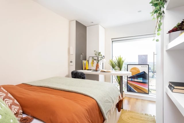 Bed desk plants picture window bedroom at Bridgewater Heights in Manchester Student Accommodation