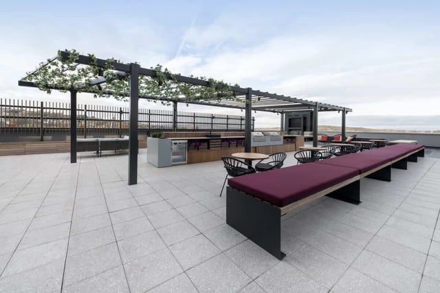 Rooftop seating area with pergolas and outdoor kitchen Outdoor area at Hillside House Sheffield in Sheffield Student Accommodation