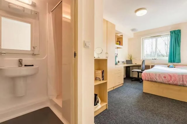 Shower sink desk bed and shelves bedroom at The Cube - Loughborough in Loughborough Student Accommodation