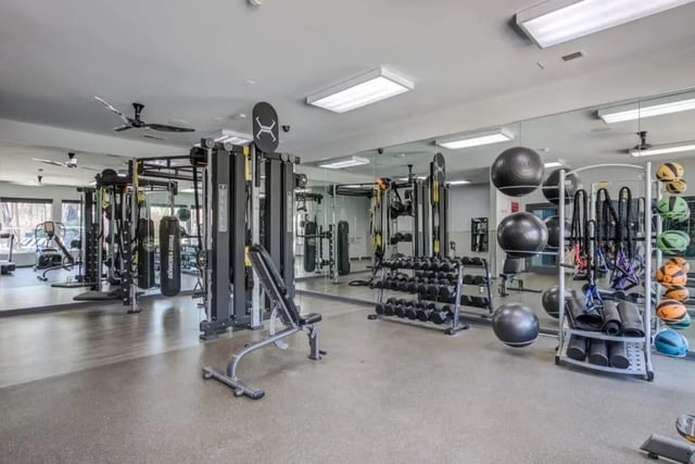 Weight machines punching bags dumbbells exercise balls gym at Campus Edge Apartments in Raleigh Student Accommodation