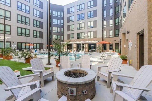 Fire pit chairs and pool area exterior at The Nest At University Center in Rock Hill Student Accommodation