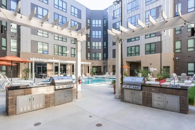 Outdoor kitchen with grills and sink playing area at The Nest At University Center in Rock Hill Student Accommodation