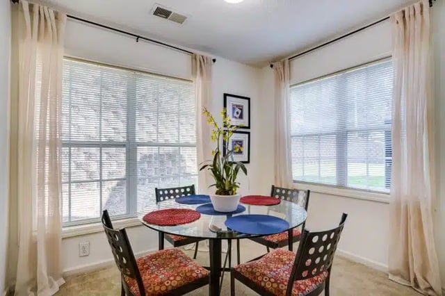 Glass table four chairs plant artwork dining area at University Woods in Raleigh Student Accommodation