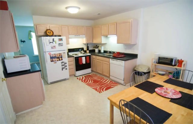 Refrigerator stove dishwasher table rug kitchen at Red Wolf Crossing in Raleigh Student Accommodation