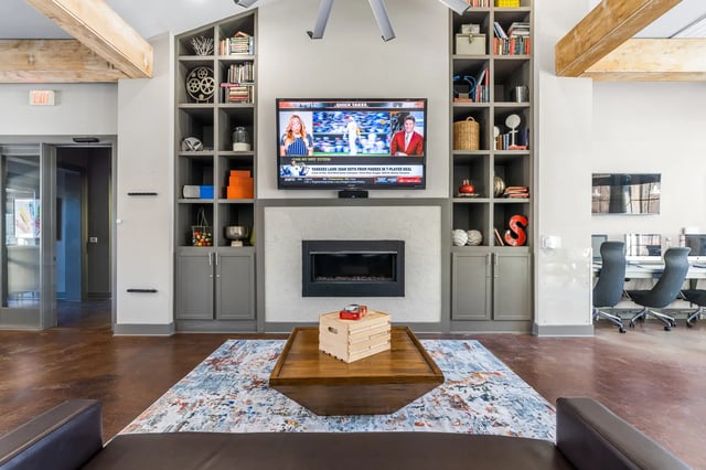 TV fireplace bookshelves rug living room at University Village at 2505 in Raleigh Student Accommodation