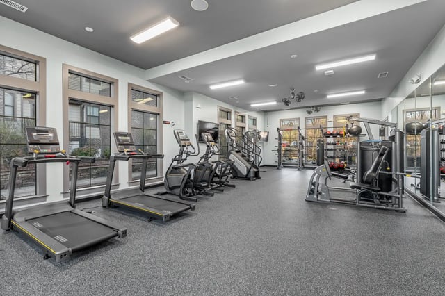 Treadmills steppers weights gym equipment fitness room at University Village at 2505 in Raleigh Student Accommodation