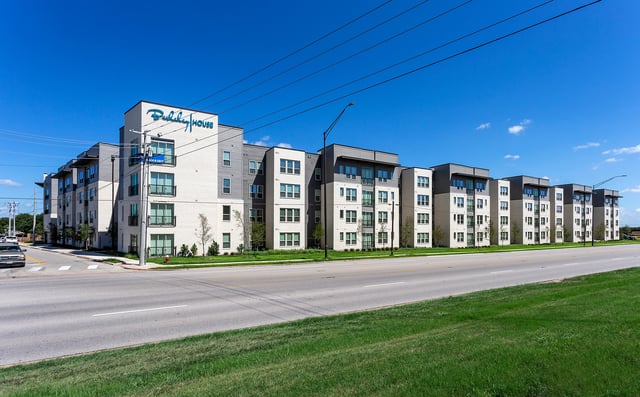 Modern apartment buildings with balconies and windows exterior at Berkeley House in College Station Student Accommodation