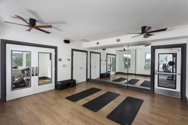 Yoga mats exercise bench and equipment gym at The Hudson Northgate in College Station Student Accommodation
