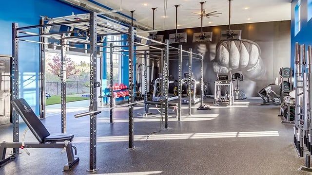 Weight racks benches exercise machines gym fitness area at The Hangout in Starkville Student Accommodation