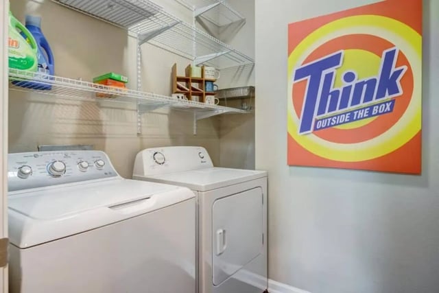 Washer dryer shelves with supplies laundry room at Madera in San Antonio Student Accommodation