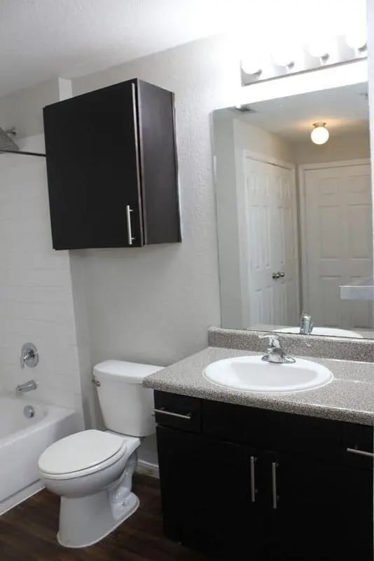 Toilet sink and tub with black cabinet Bathroom at 21 Pearl in Austin Student Accommodation