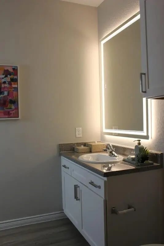 Sink countertop with mirror and cabinet bathroom at 21 Pearl in Austin Student Accommodation
