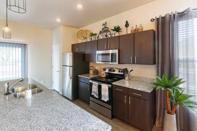 Modern kitchen with stainless steel appliances and dark cabinets kitchen at The Collective at Lawrence in Lawrence Student Accommodation