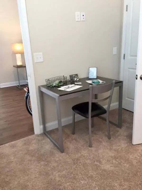 Desk with chair basket mirror study area at Seahawk Cove in Wilmington Student Accommodation